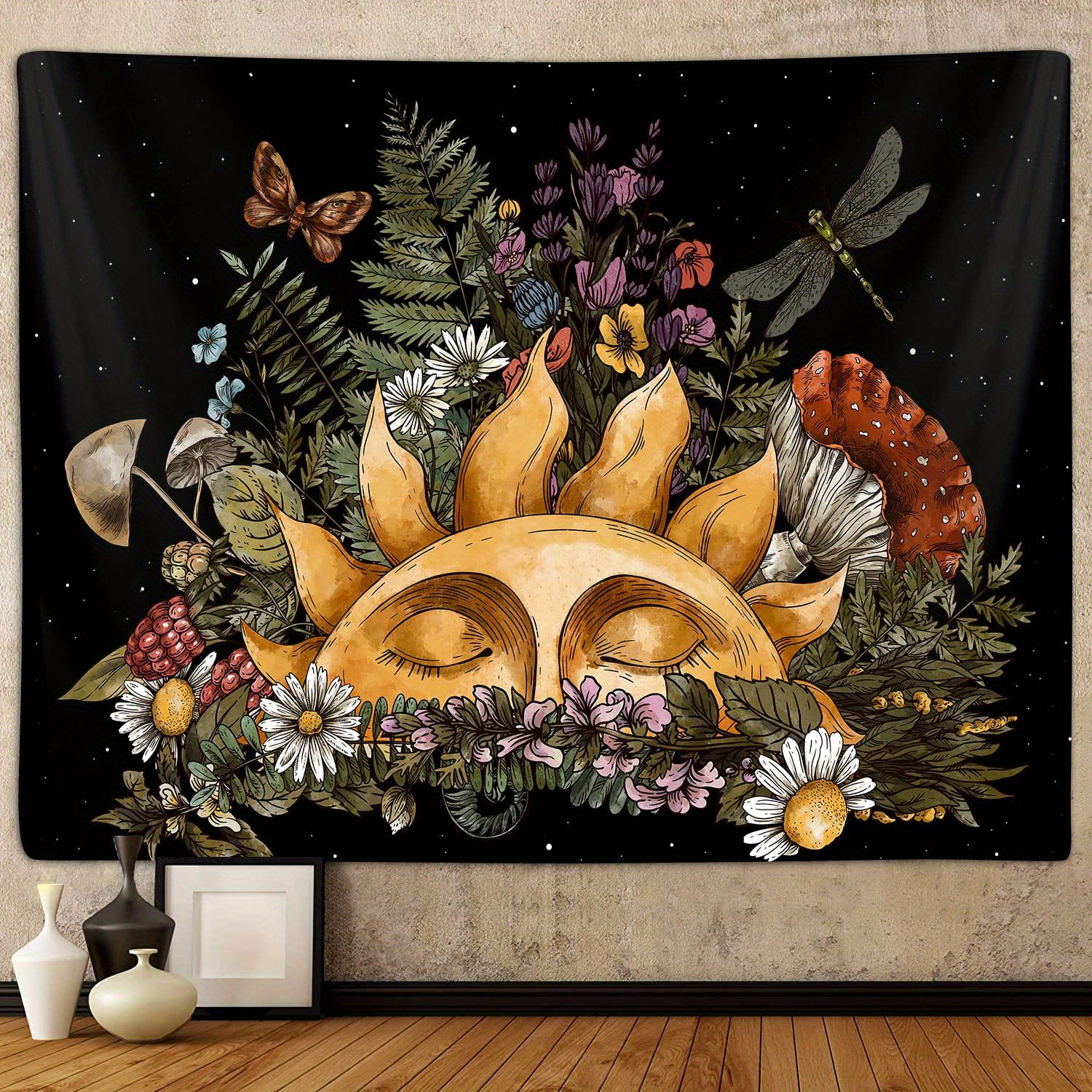 

1pc, Boho Sun Tapestry For Bedroom Aesthetic, Vintage Mushroom Botanical Plant Art Tapestries Wall Hanging For College Dorm Living Room Decor, Fairy Galaxy Poster Blanket