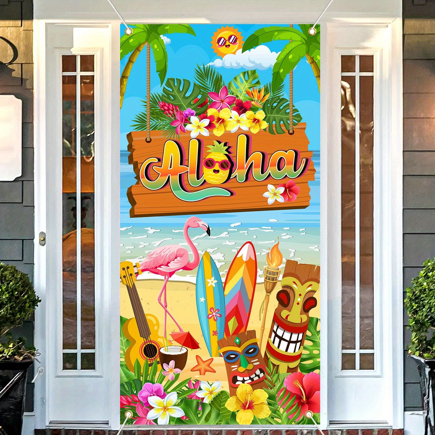 1pc 70x35 inch door cover banner vinyl hawaiian door cover large luau door cover aloha banner for hawaiian luau decorations summer luau beach hawaiian themed party decorations