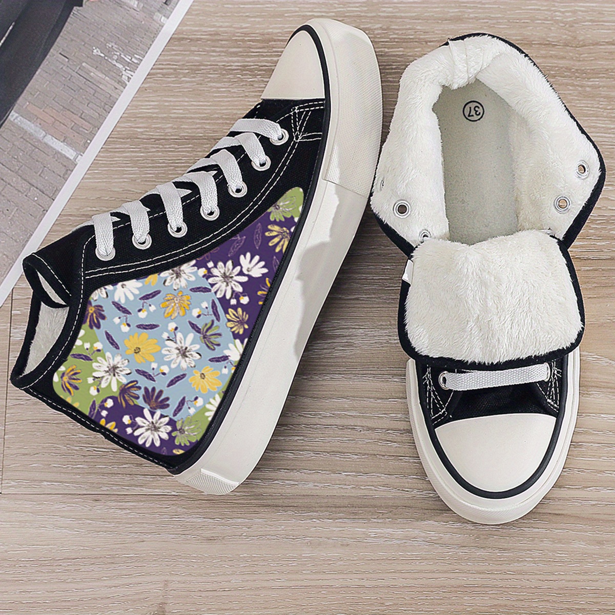 Floral Print Plush Lined Thermal Chunky Canvas Sneakers