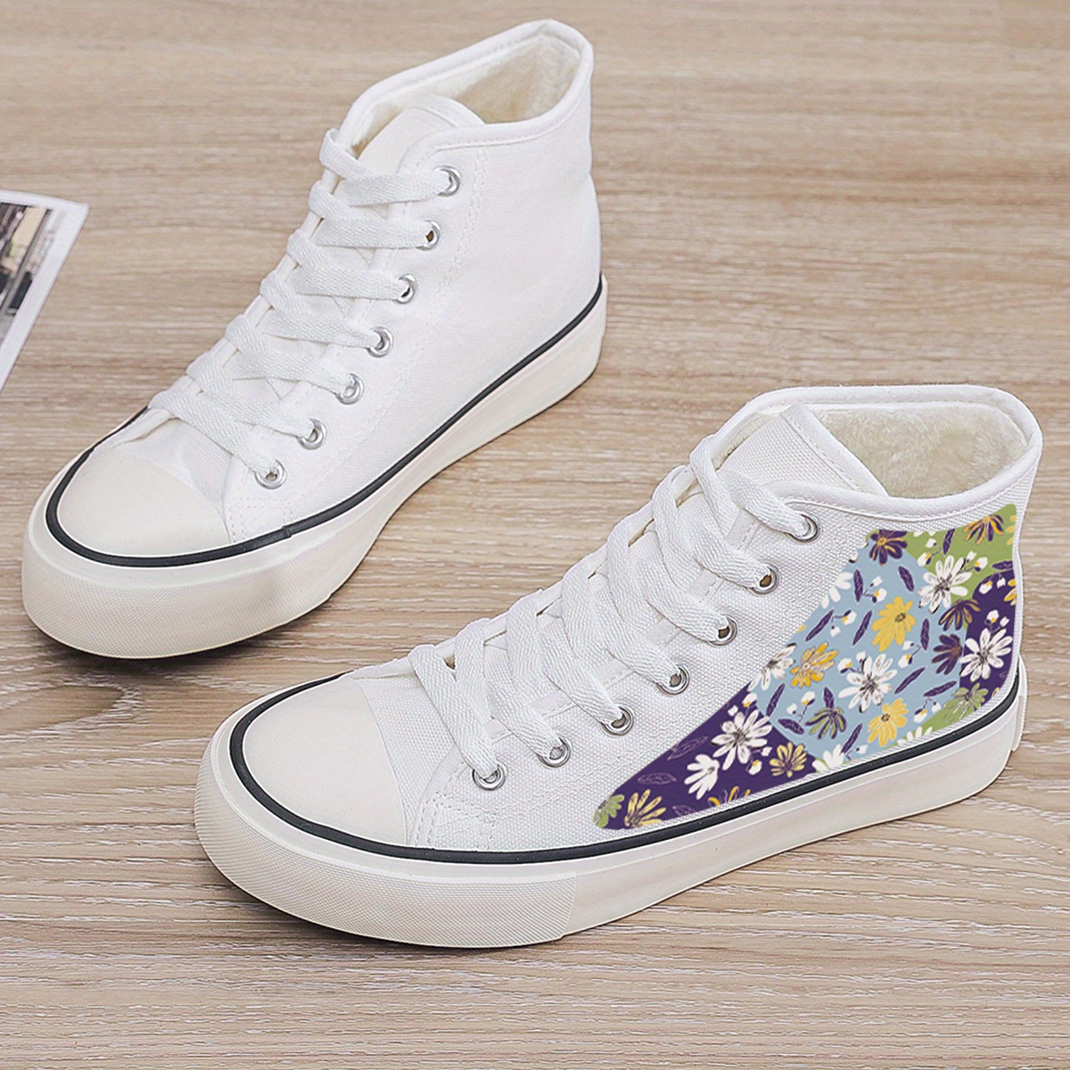 Floral Print Plush Lined Thermal Chunky Canvas Sneakers