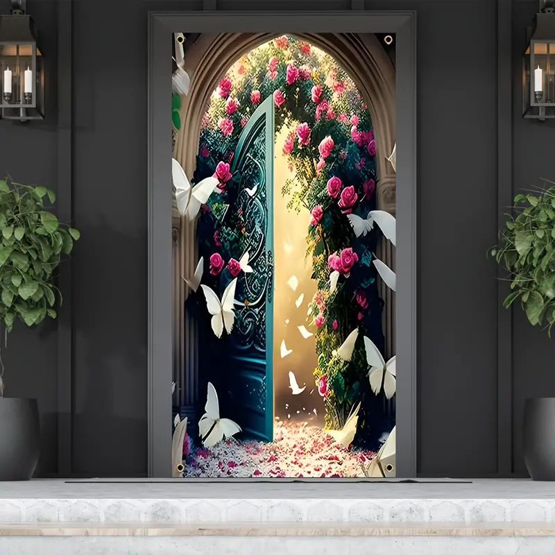 

1pc, 70x35 Inch Door Cover Banner, Vinyl, Butterfly Floral Mystic Door Pattern Porch Sign Background Farmhouse Holiday Party Front Door Hanging Indoor Outdoor Banner Home Decor