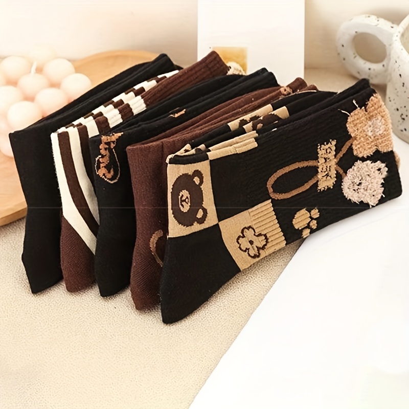 5 pairs bear bow print socks comfy warm mid tube socks womens stockings hosiery details 6