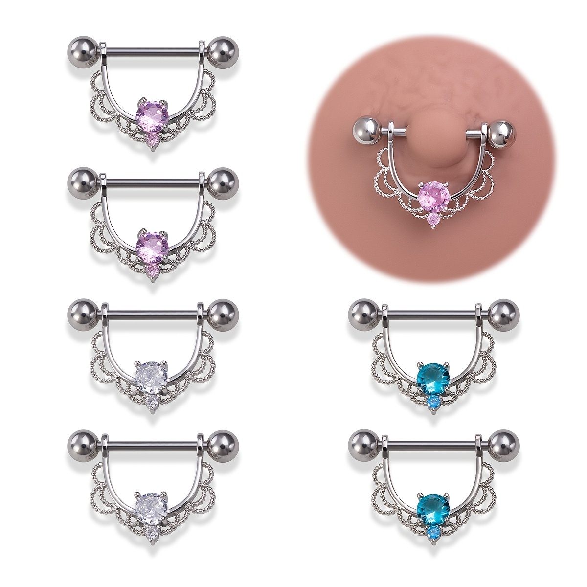

2pcs Hollow Out Lace Shape Nipple Ring Inlaid Shiny Zircon Simple Style Body Piercing Jewelry Set