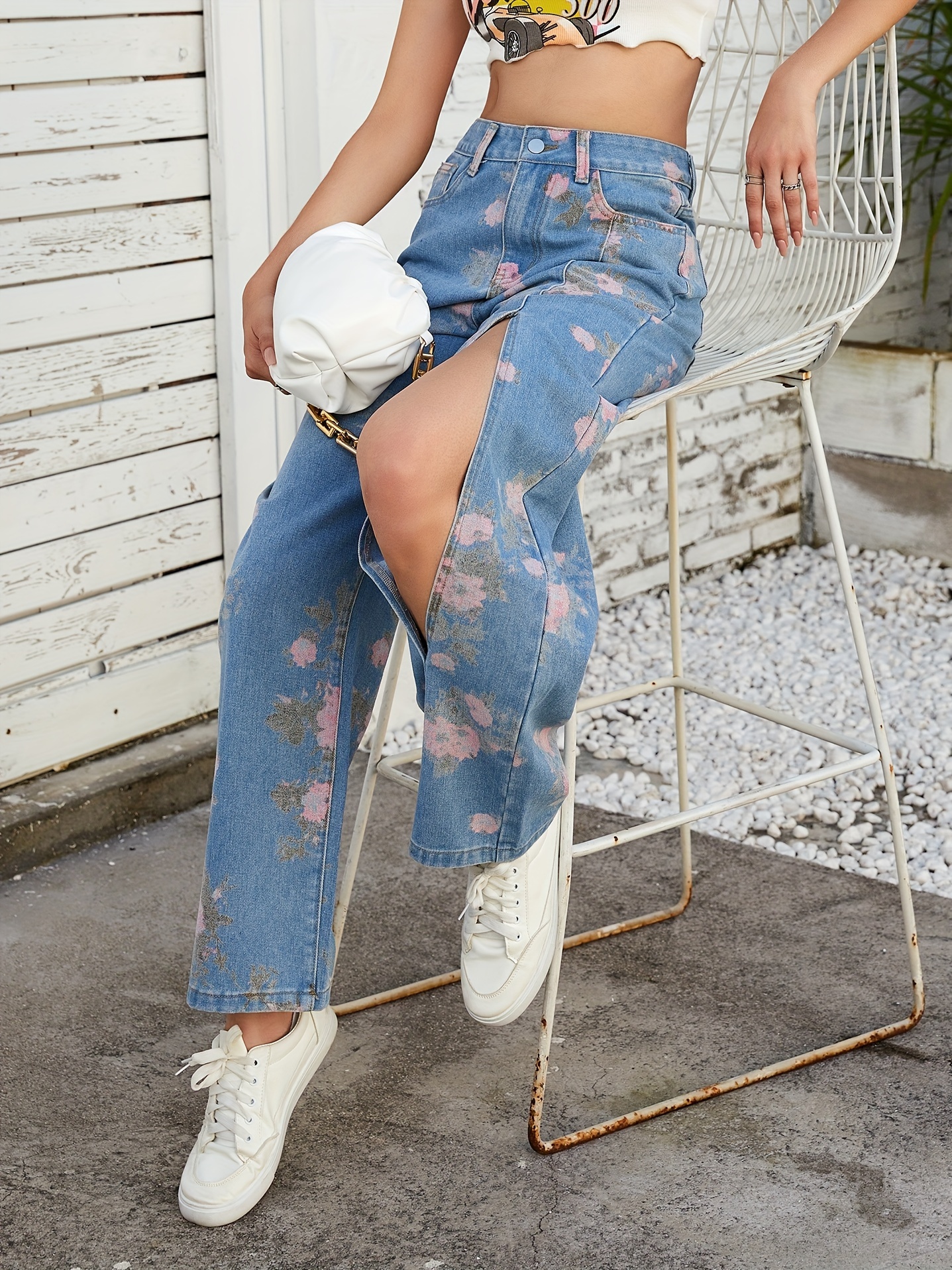 Jeans rectos de cintura alta con estampado floral, pantalones de mezclilla  holgados de tiro alto con bolsillos oblicuos, jeans y ropa de mujer