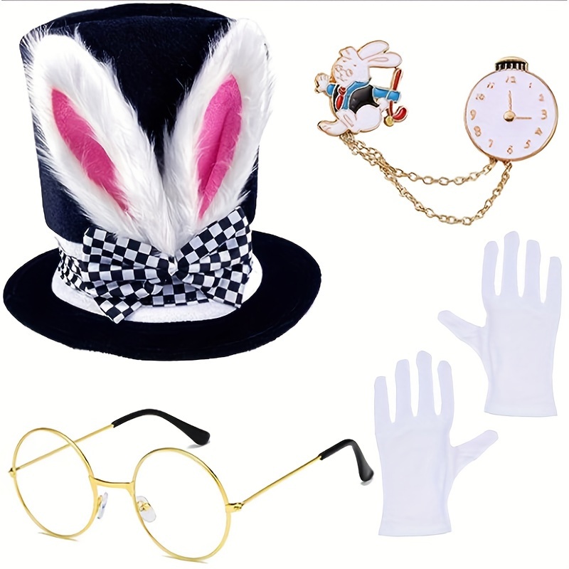 Disfraz de conejo blanco, orejas de conejo, pajarita, guantes blancos a  rayas y medias a cuadros, juego de pasadores de conejo para Pascua,  Halloween