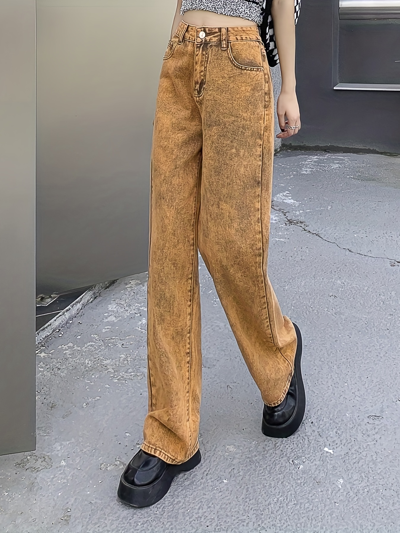 Wheat Color Wide Legs Denim Pants Loose Fit Slant Pockets - Temu