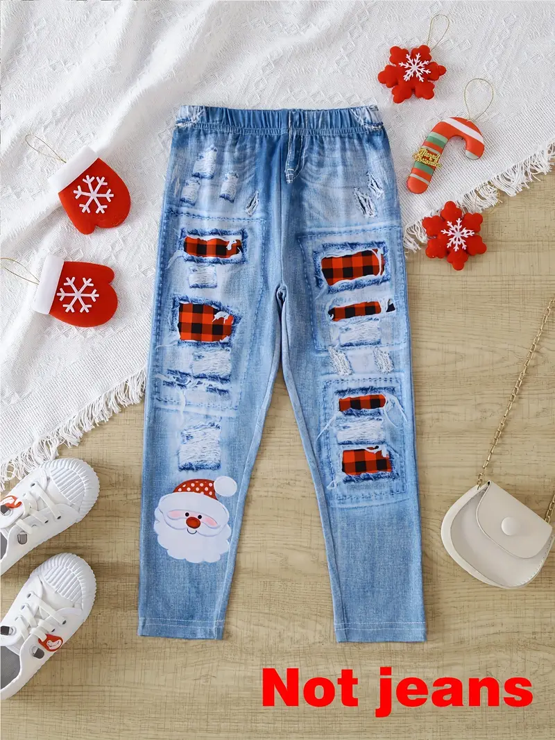 Girl's Christmas Plaid & Santa Claus Pattern Imitation Denim Print Allover  Print Pants (imitation Denim)