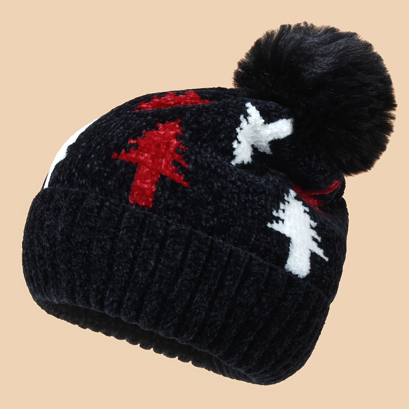 Contrast Color Knitted Head Hat Soft Stretchy Beanie Pom Pom - Temu