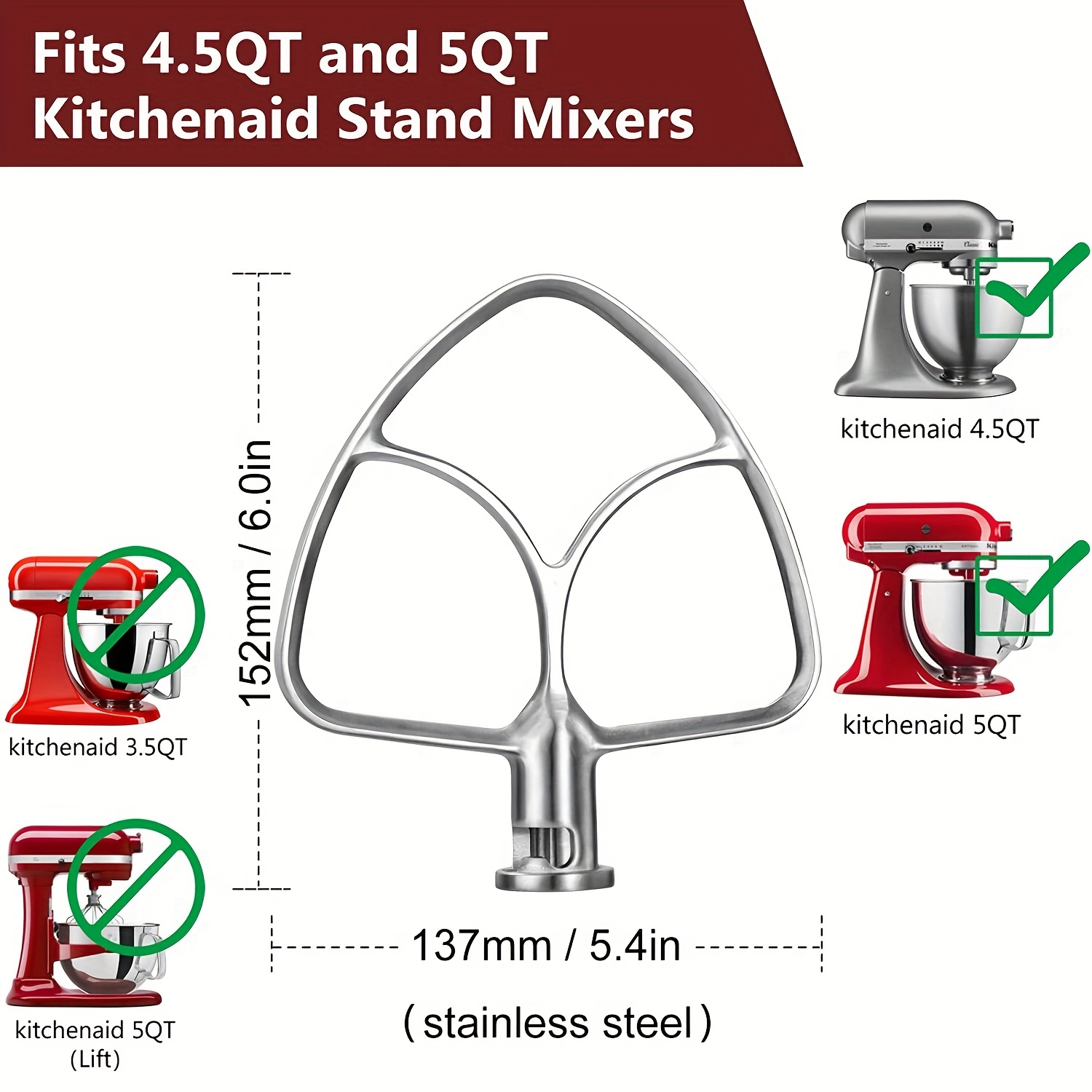 Flat Beater for KitchenAid 5-6 Quart Bowl-Lift Stand Mixer, Stainless Steel  Paddle Attachments Fits for Kitchenaid Professional 5 Plus and 600 Seris
