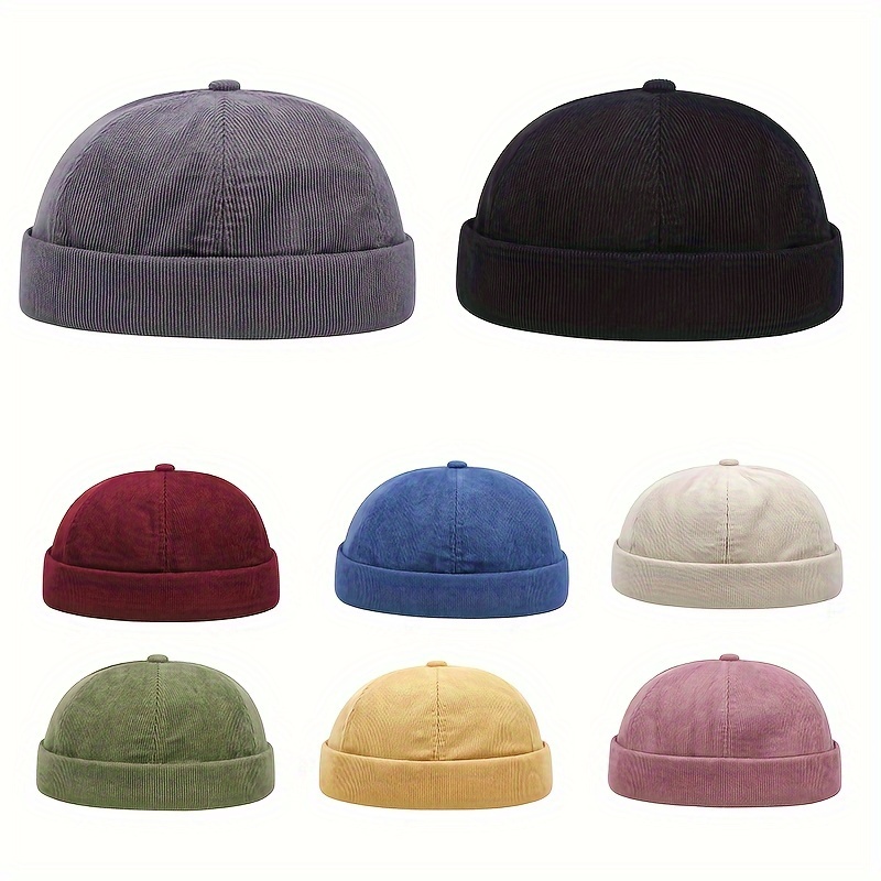 Vintage Solid Beanie, Men's Lightweight 1pc Corduroy Material Plain Color Leather Beanie Hat, Docker Hat for Men,Temu