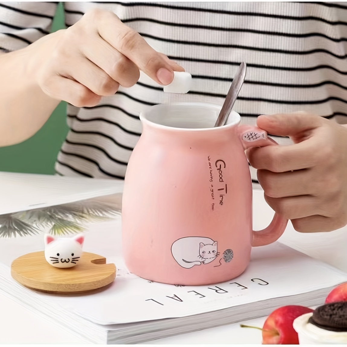 Cute Cartoon Kitten Coffee Mug With Lid Ceramic Coffee Cup - Temu