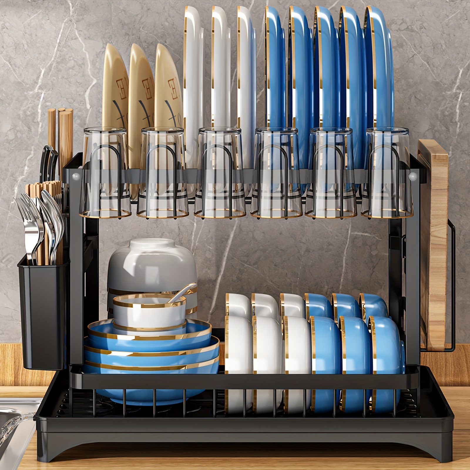 2-tier Dish Drying Rack With Drainboard Set - Large Metal Dish Racks With  Drainage, Glass Holder, Utensil Holder, And Extra Drying Mat - Kitchen  Accessories For Efficient Dish Drying And Organization - Temu Philippines
