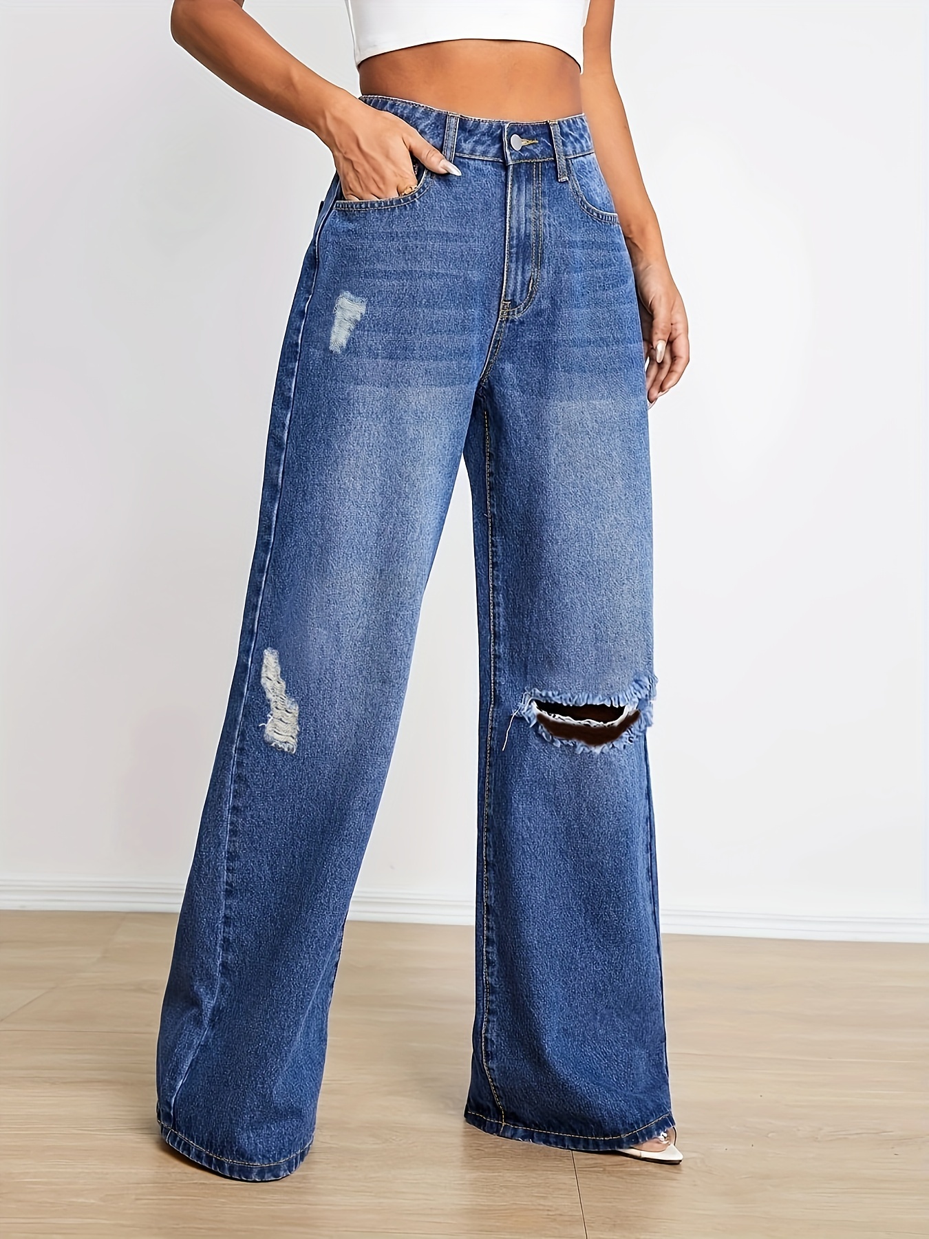 Retro Ripped Flared High Waist Wide Legs Loose Jeans Casual Slim Pants with  Pockets