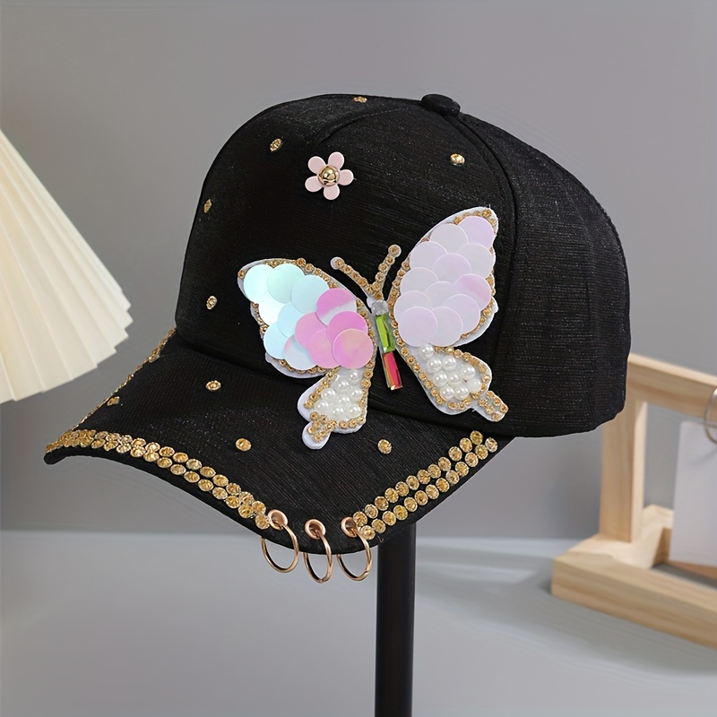 Y2K Butterfly Baseball Cap Rhinestone Sequin Pearl Cotton Hat