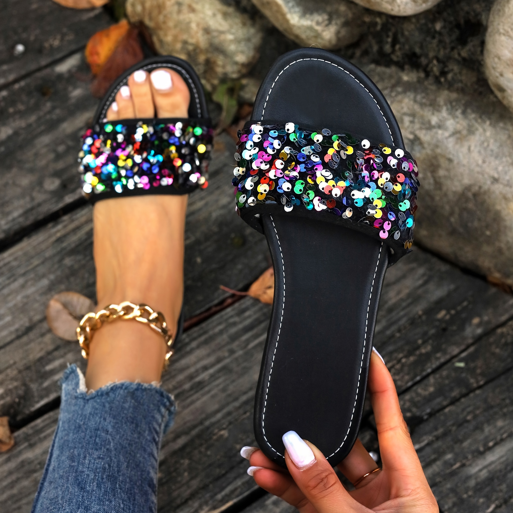 

Women's Solid Color Glitter Sandals, Slip On Sequins Decor Lightweight Flats, Vacation Summer Beach Slides For Music Festival