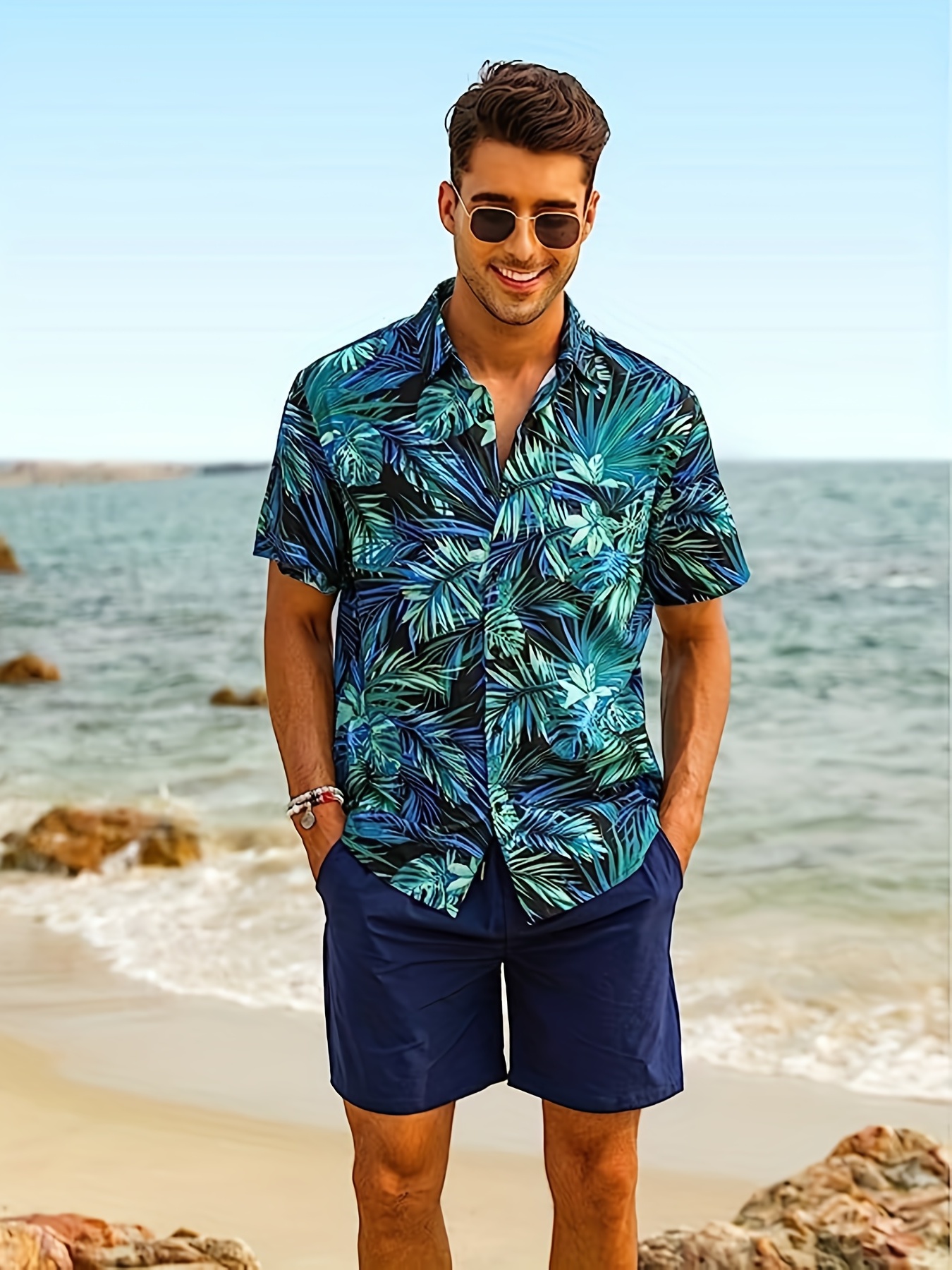 Temu Plus Size Tropical Trees Print Men's Beach Vacation Shirt Shorts Set for Summer, Hawaiian Style Oversized Graphic 2pcs Outfits for Big & Tall Guys