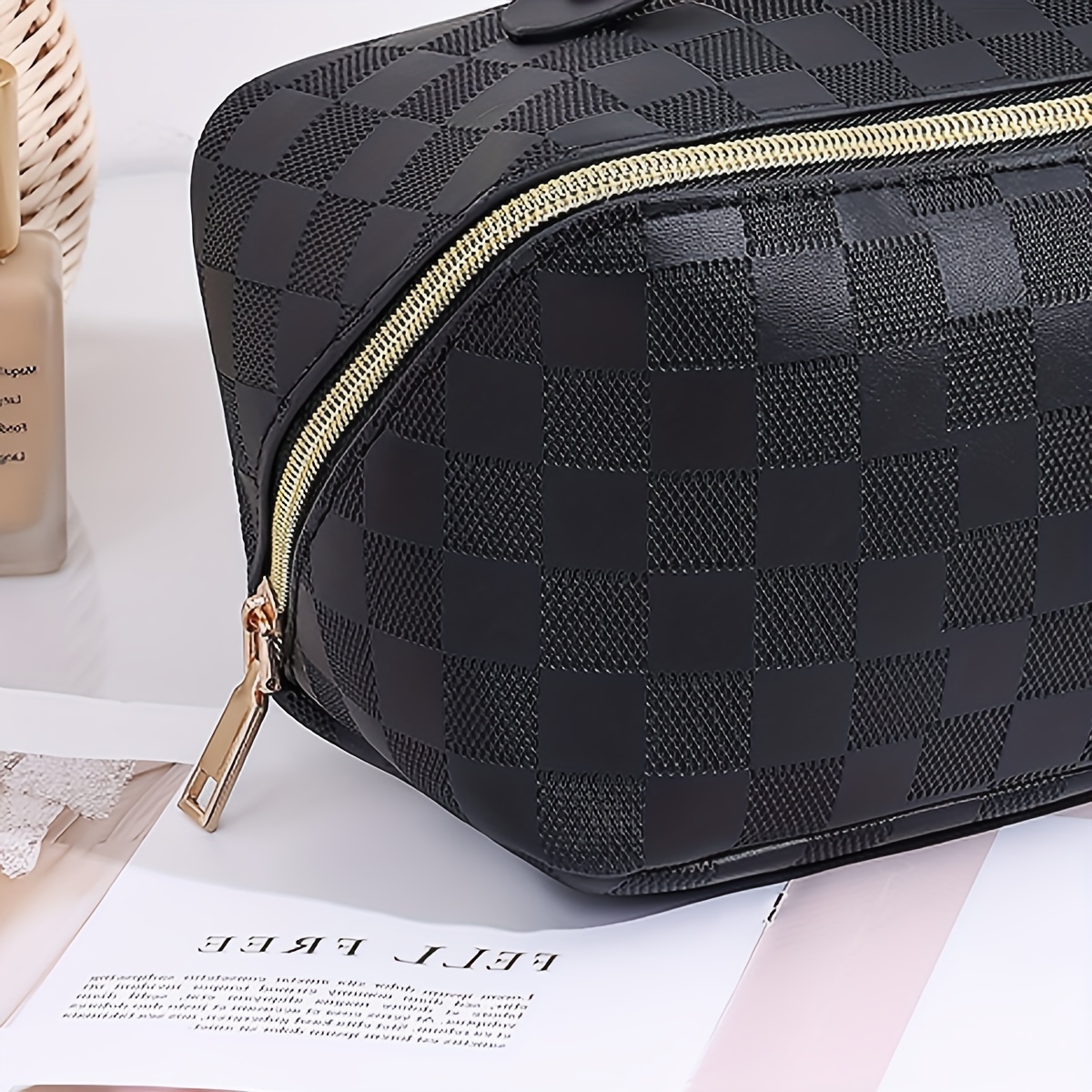 Portable Plaid Pattern Cosmetic Bag, Waterproof Makeup Storage Bag