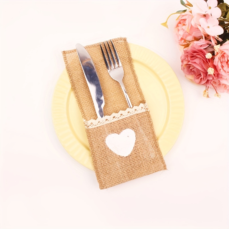 

10pcs/pack, Linen Love Lace Knife And Fork Bag Wedding Festival Party Decoration Jute Cutlery Bag
