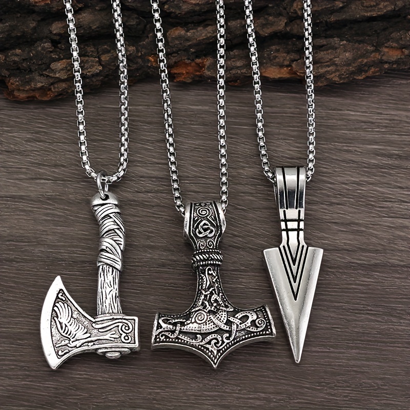 

3pcs Men's Vintage Necklace - Hammer Compass Celtic Knot Wolf Axe Pendant Arrow Charm Amulet Necklace Holiday Jewelry Gift