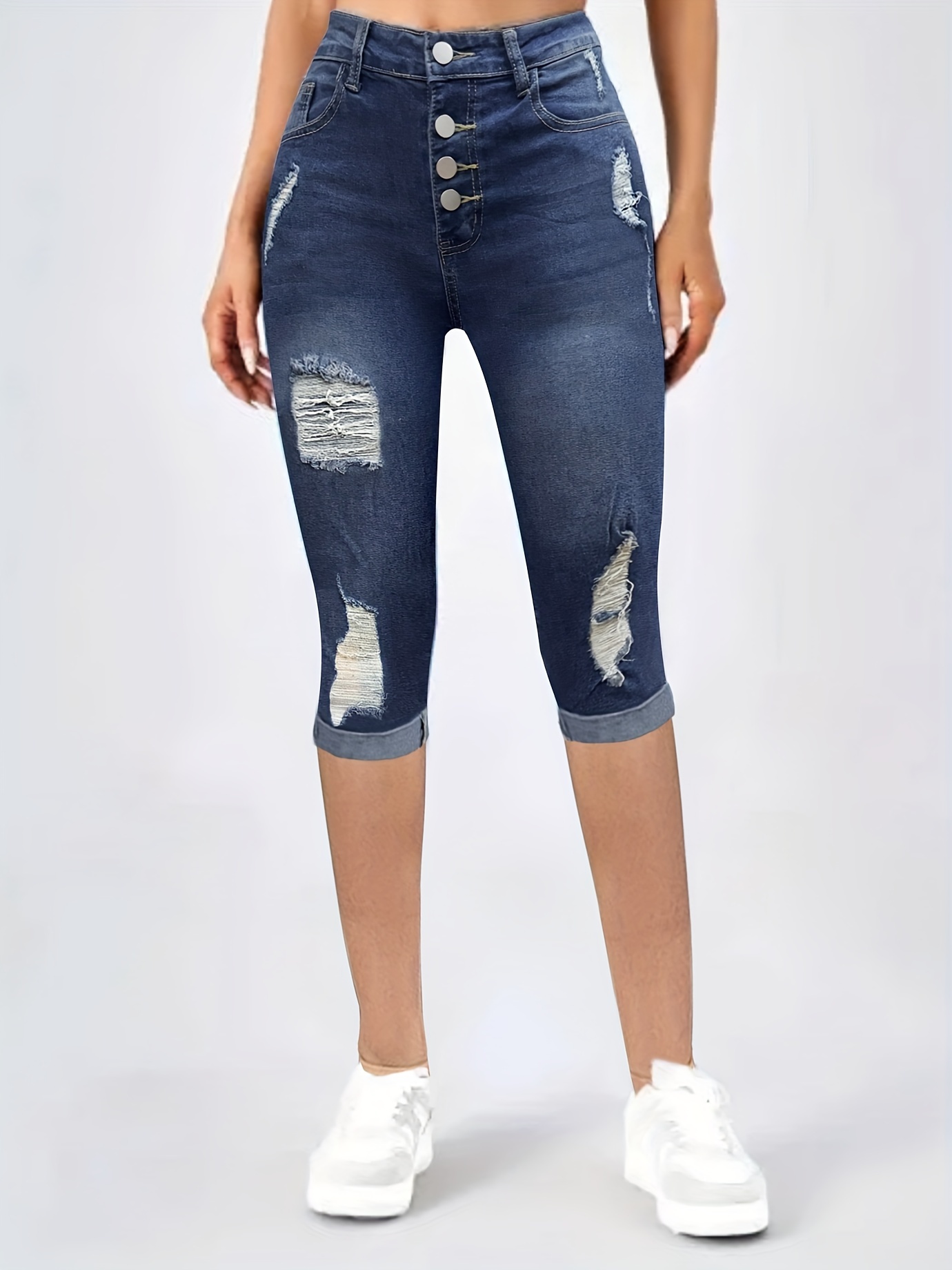 Blue Ripped Holes Skinny Jeans Slim Fit High stretch Slash - Temu Spain