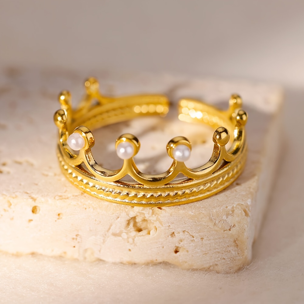 

1 pièce Bague ouverte en acier inoxydable avec couronne dorée et imitation de perles, tendance mode, bijoux pour femmes pour rendez-vous ou soirée, cadeau de bijoux