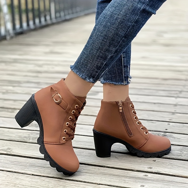 Women's Chunky Heeled Booties Solid Color Lace Side Zipper - Temu