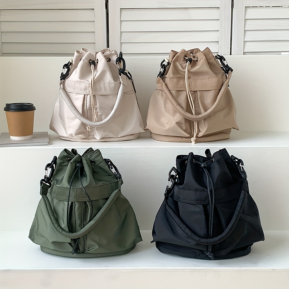 Solid Color Casual Style Women's Bucket Crossbody Bag With Drawstring And  Chain Strap, Pu Leather
