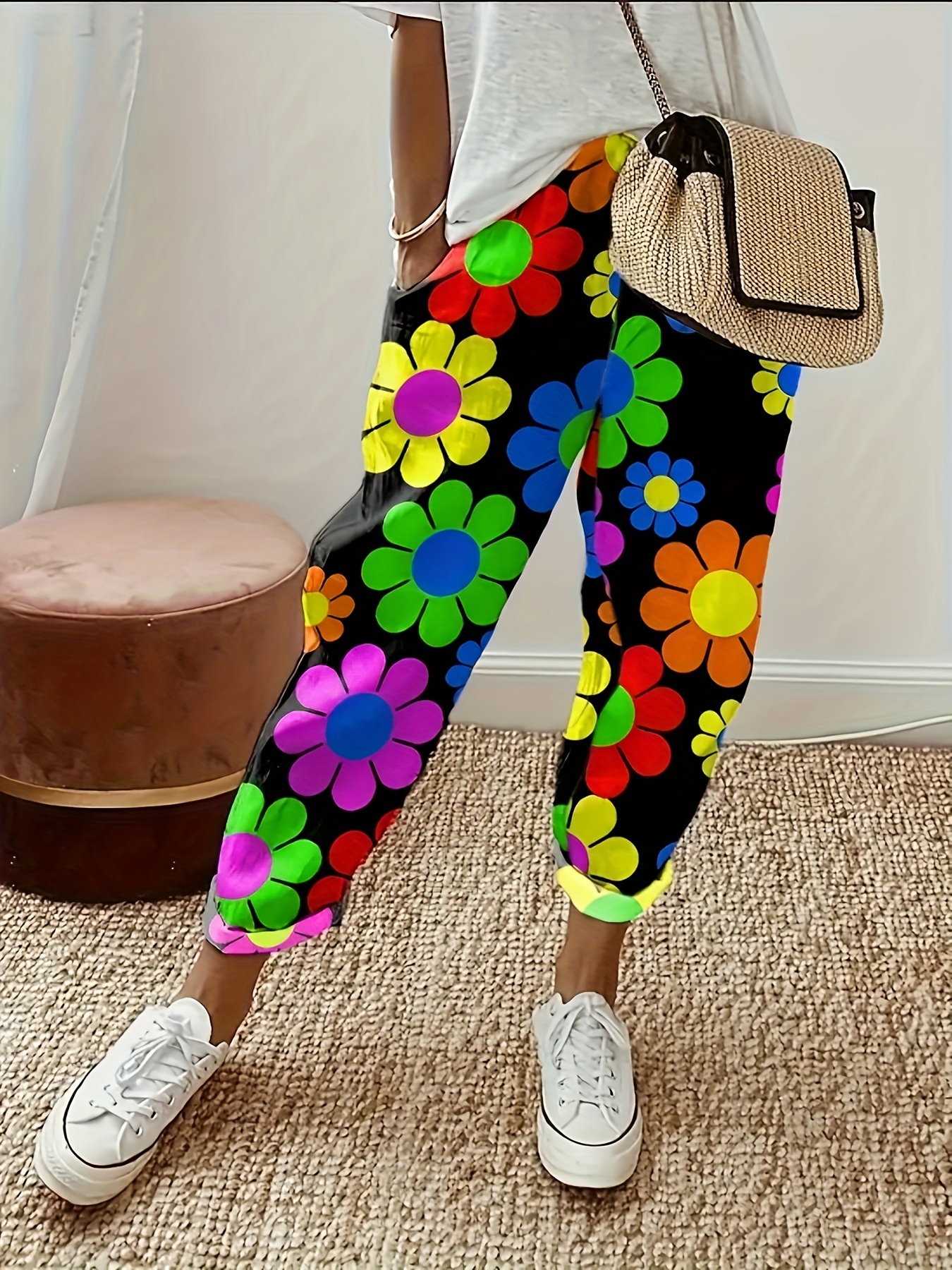 Elegant Color Block Flower Print Capri Pants Stretchy High - Temu Canada