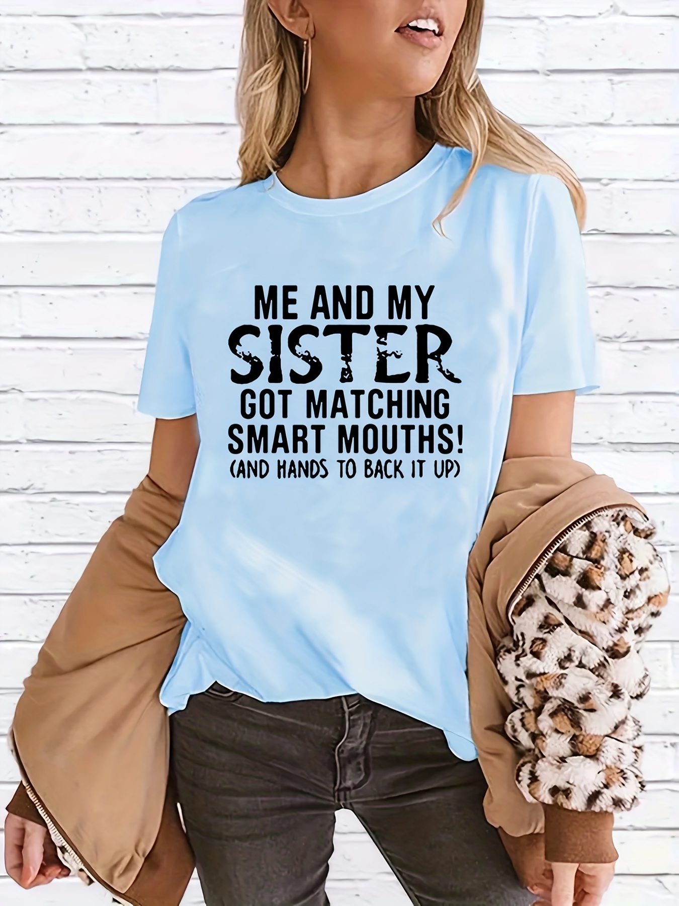 Sisters Print Crew Neck T shirt Solid Short Sleeve Fashion - Temu