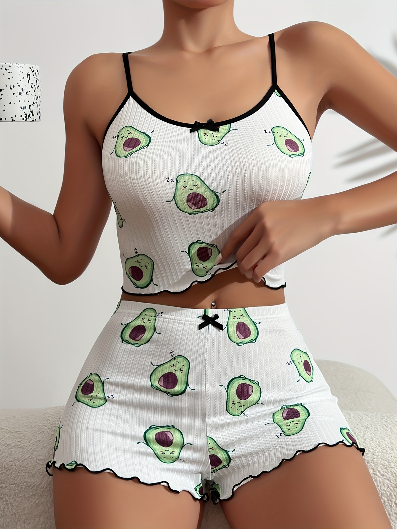 Cute Avocado Print Ribbed Pajama Set, Lettuce Trim Crew Neck Crop Cami Top  & Elastic Shorts, Women's Sleepwear & Loungewear