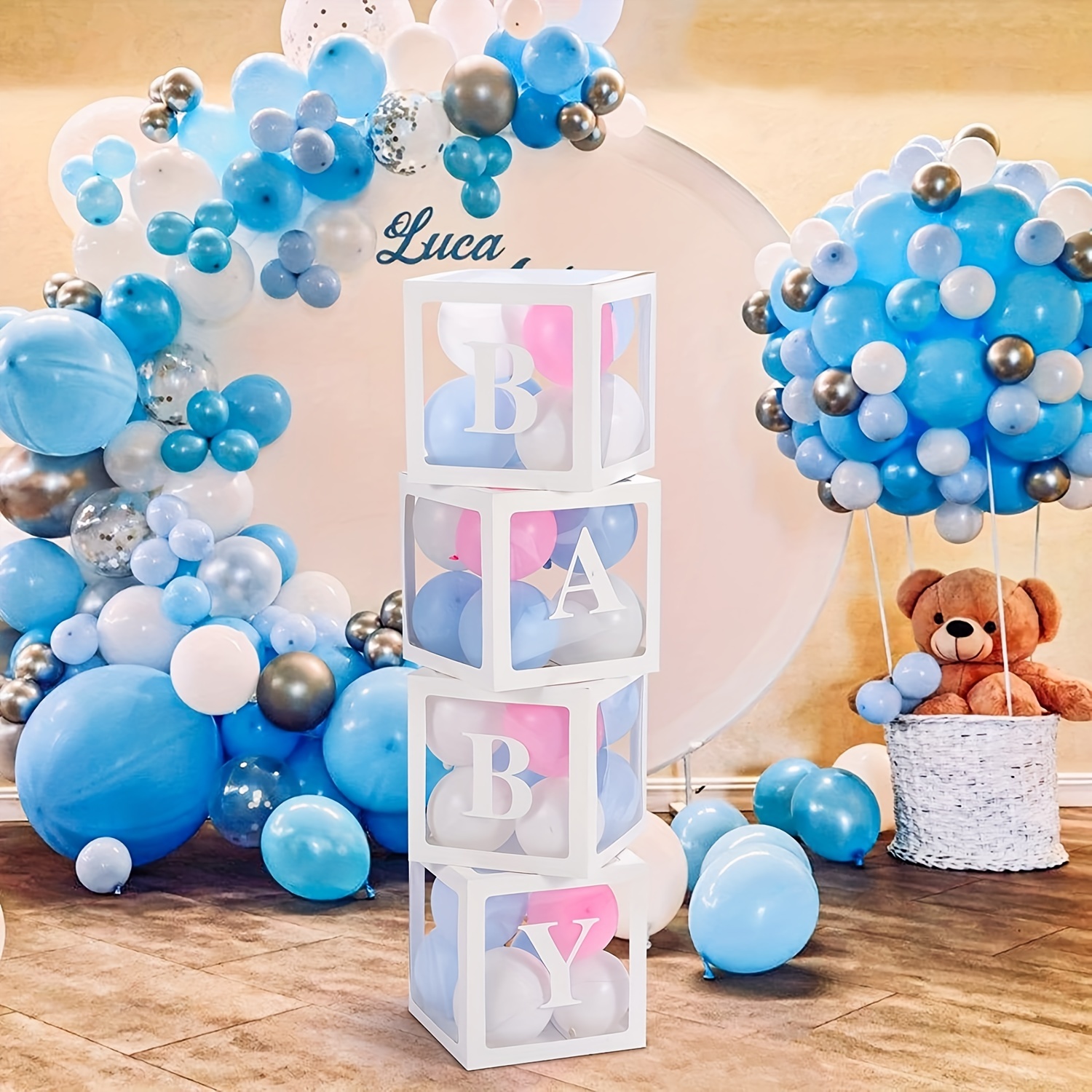 Cajas de globos para baby shower, cajas de bebé con 27 letras, 4 bloques  transparentes para baby shower, revelación de género, boda, decoración de