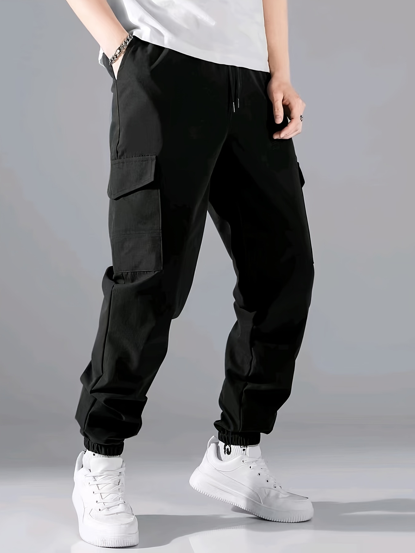 Trendy Solid Cargo Pants Men's Multi Flap Pocket Drawstring - Temu