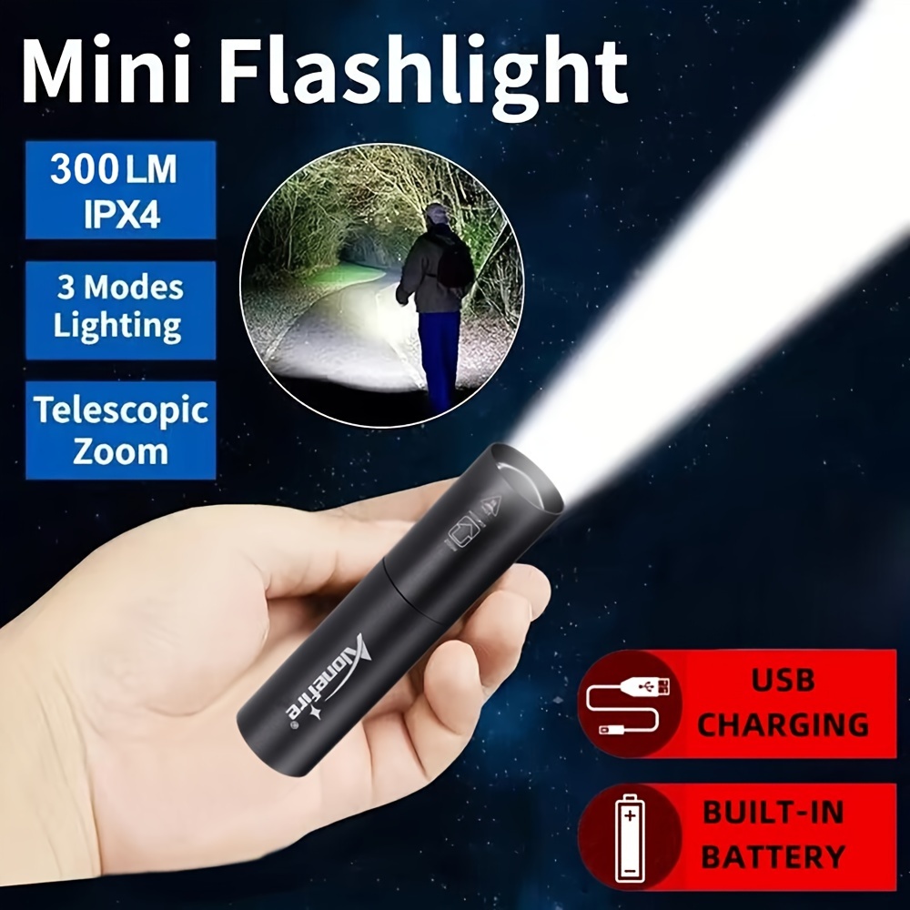 Linterna LED Recargable USB Alta Potencia con ZOOM, Mini Linterna Potente  300lm
