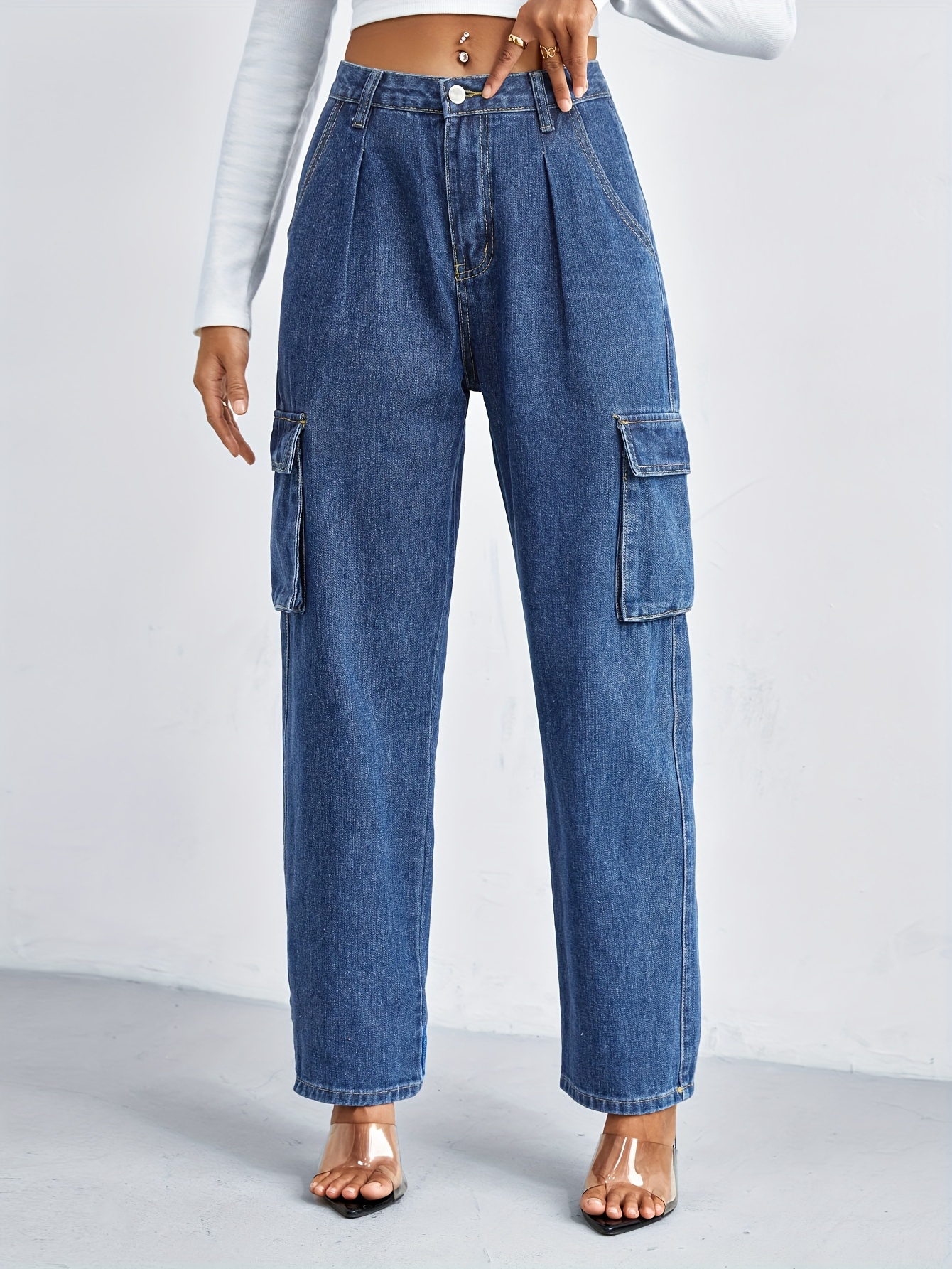 Pantalones De Mezclilla De Cintura Alta Con Bolsillos Cargo Con Solapa,  Jeans De Pierna Recta * Medio De Tiro Alto, Informales Y Modernos, Jeans Y