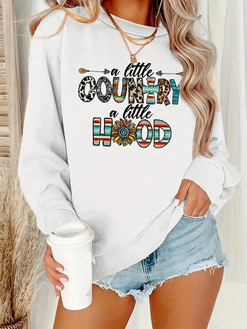 country hood letter print sweatshirt casual long sleeve crew neck sweatshirt womens clothing details 0