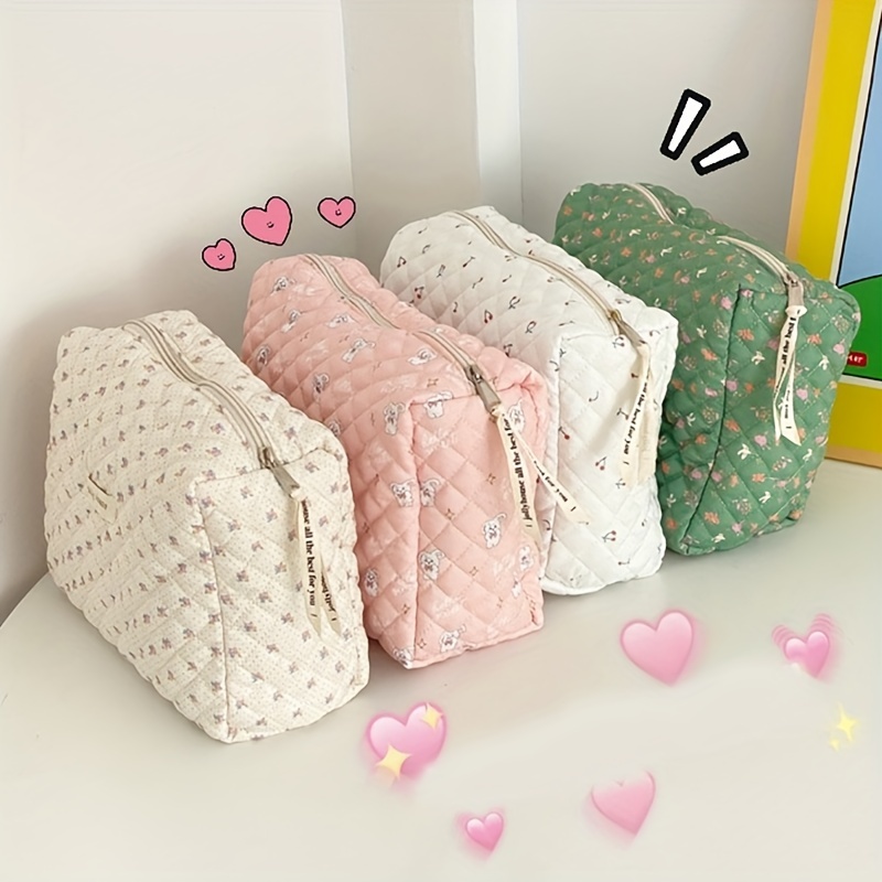 1Pc Cotton Makeup Bag Large Travel Cosmetic Pouch Toiletry Bag Cute Cherry  Pattern Makeup Bag White