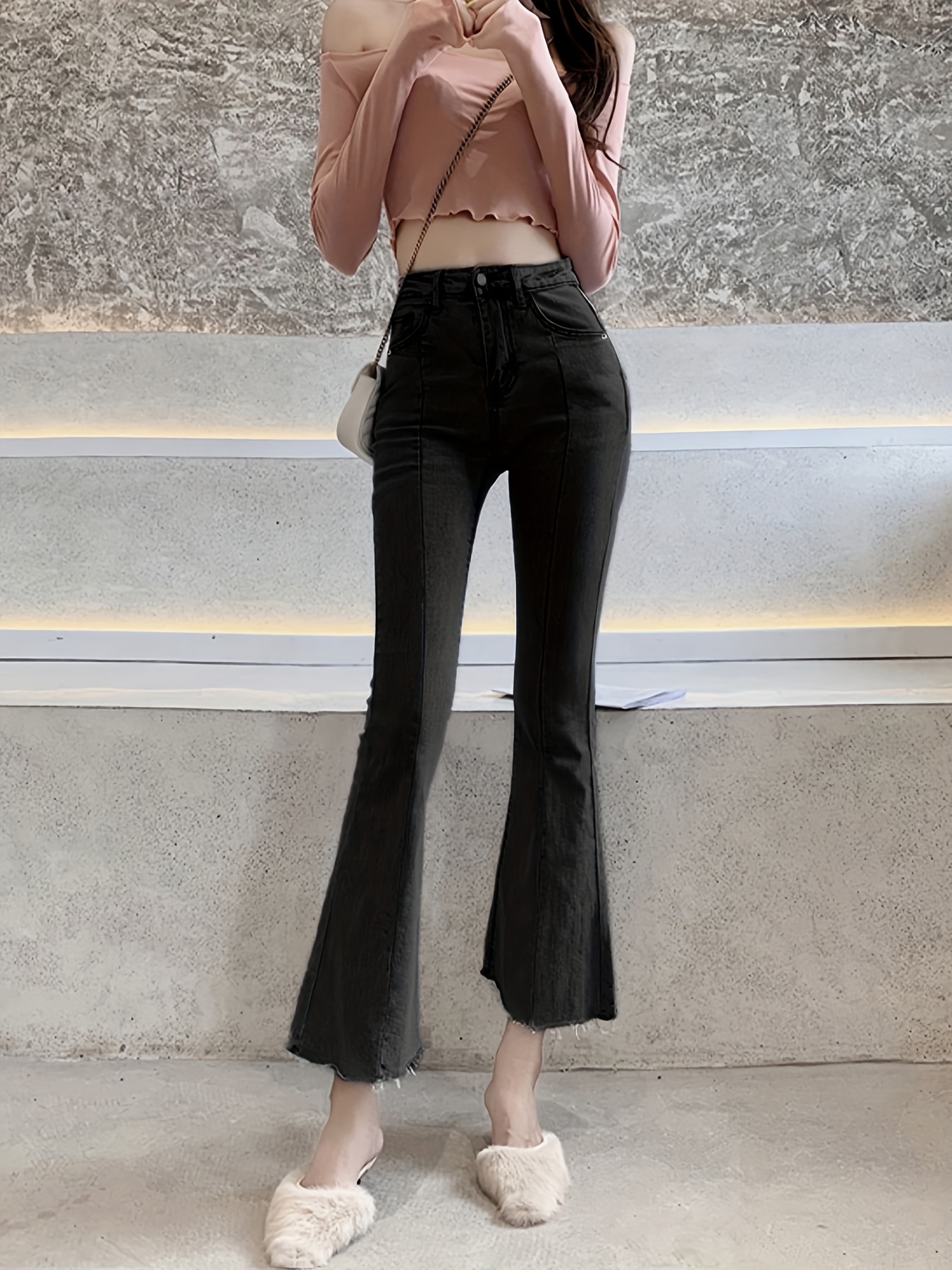 Bell Bottom Jeans for Women High Waisted Stretch Classic Flare Bell Bottom  Raw Hem Fitted Wide Leg Denim Pants Trousers 