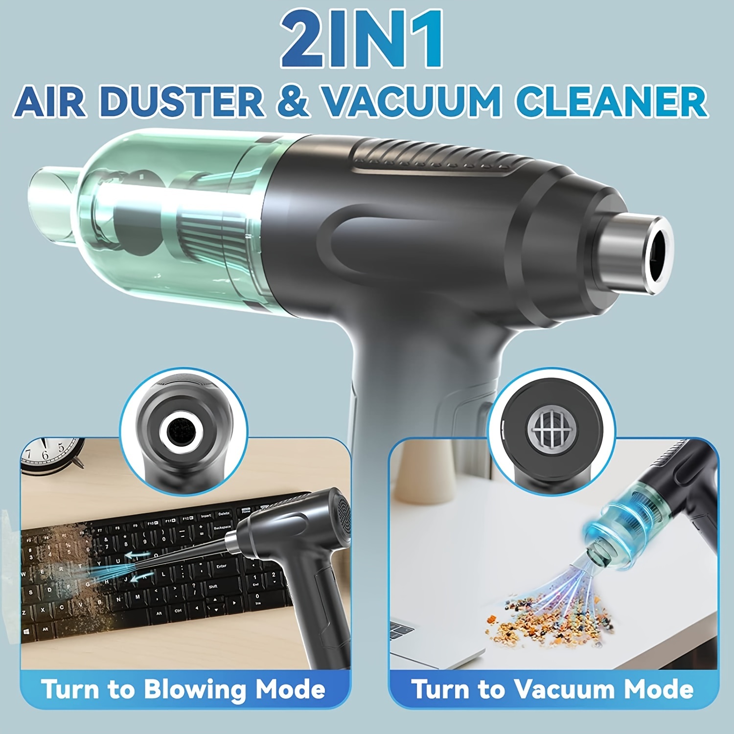 Compressed Air Duster & Mini Vacuum Keyboard Cleaner 3-in-1, New