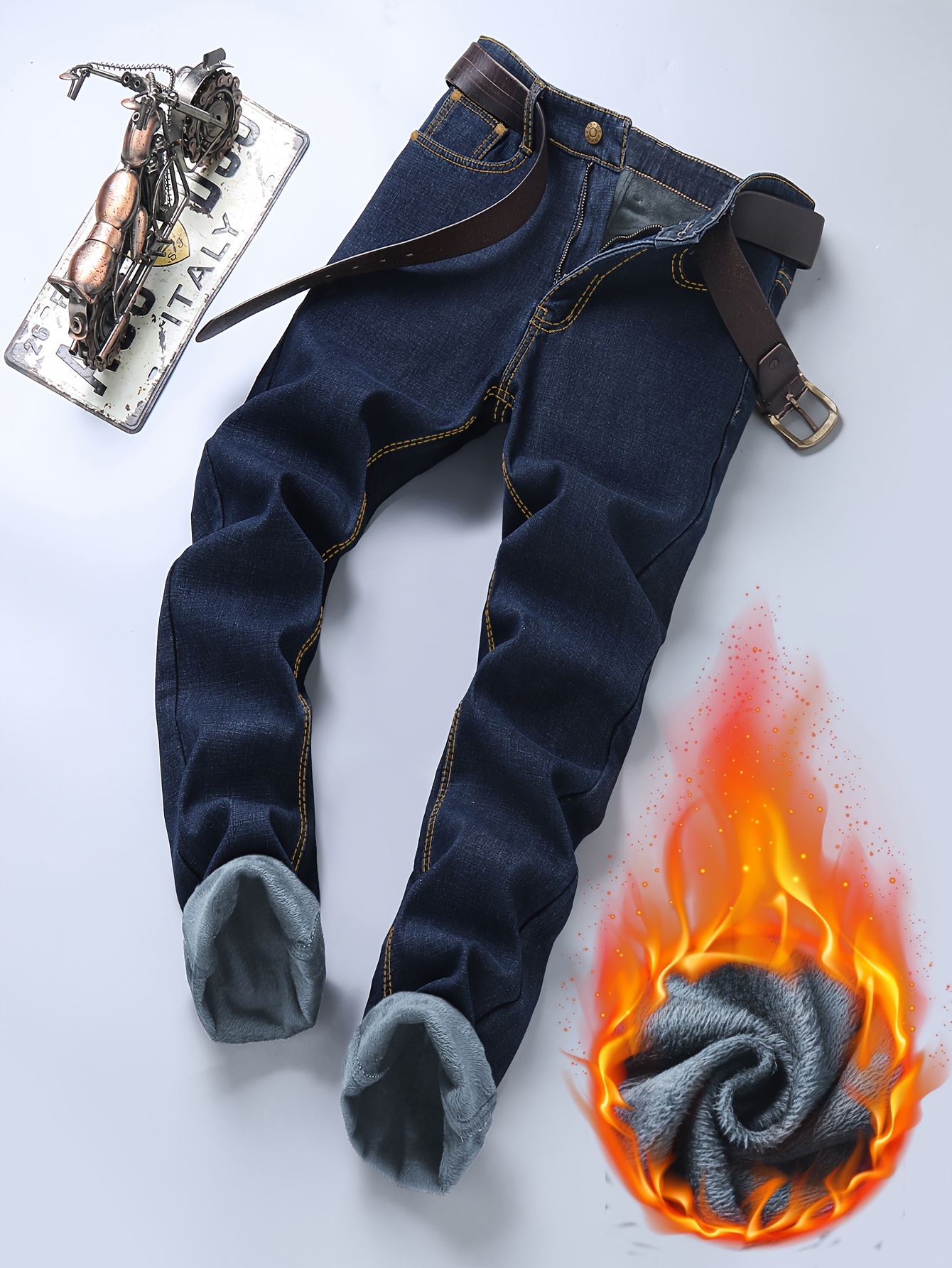 Men's Warm Fleece Jeans For Fall Winter, Classic Design Denim Pants