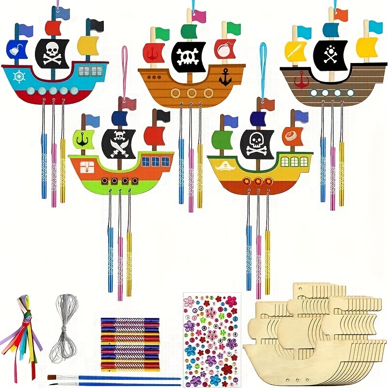 

Set/10pcs, Diy Wooden Pirate Ship Wind Chime Set Art Crafts Home Decoration Pendant Handmade Party Supplies Diy Creative Gift Window Decor