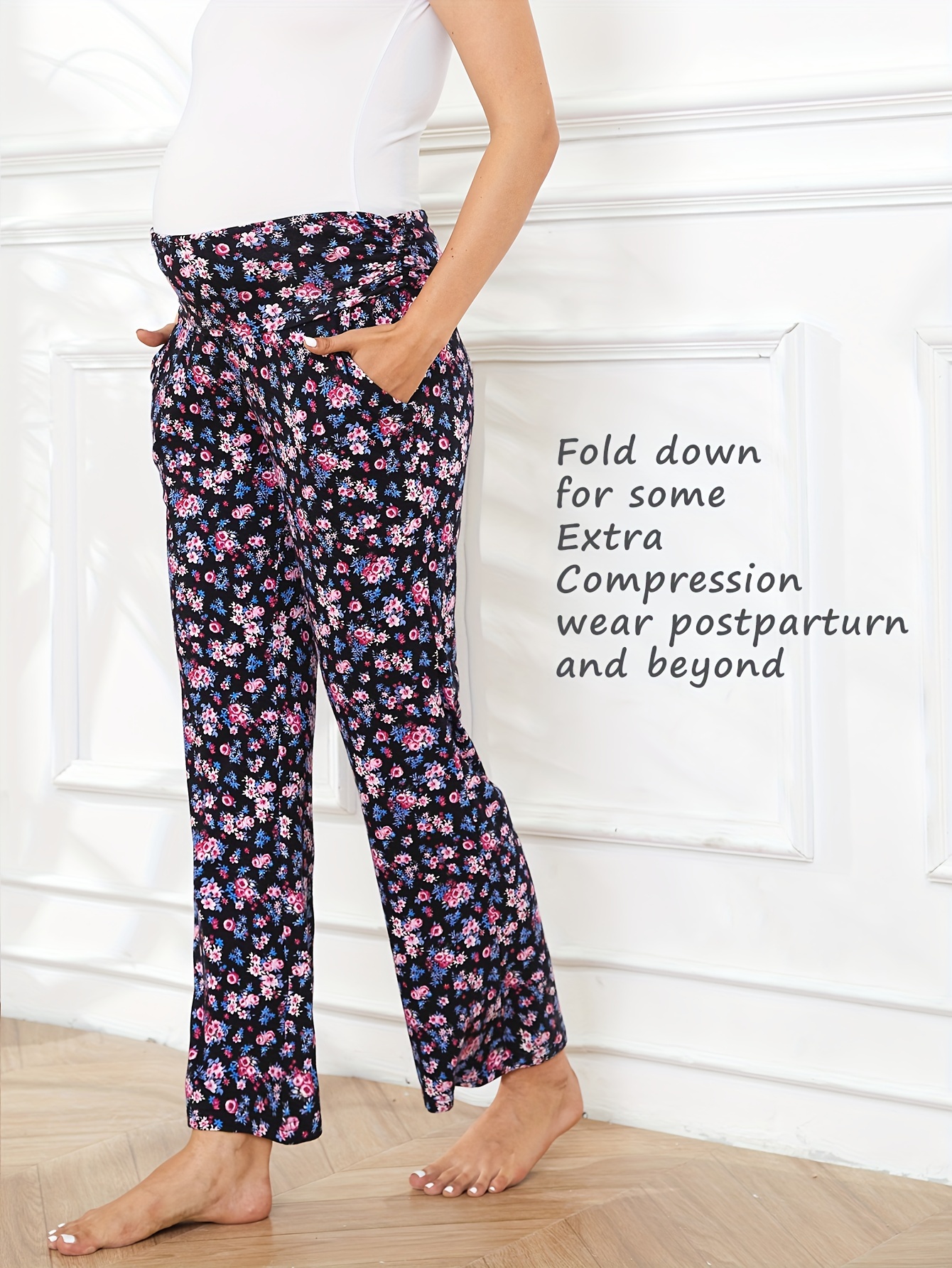 My Bump Floral Wide Leg Fold Over High Waisted Lounge Palazzo