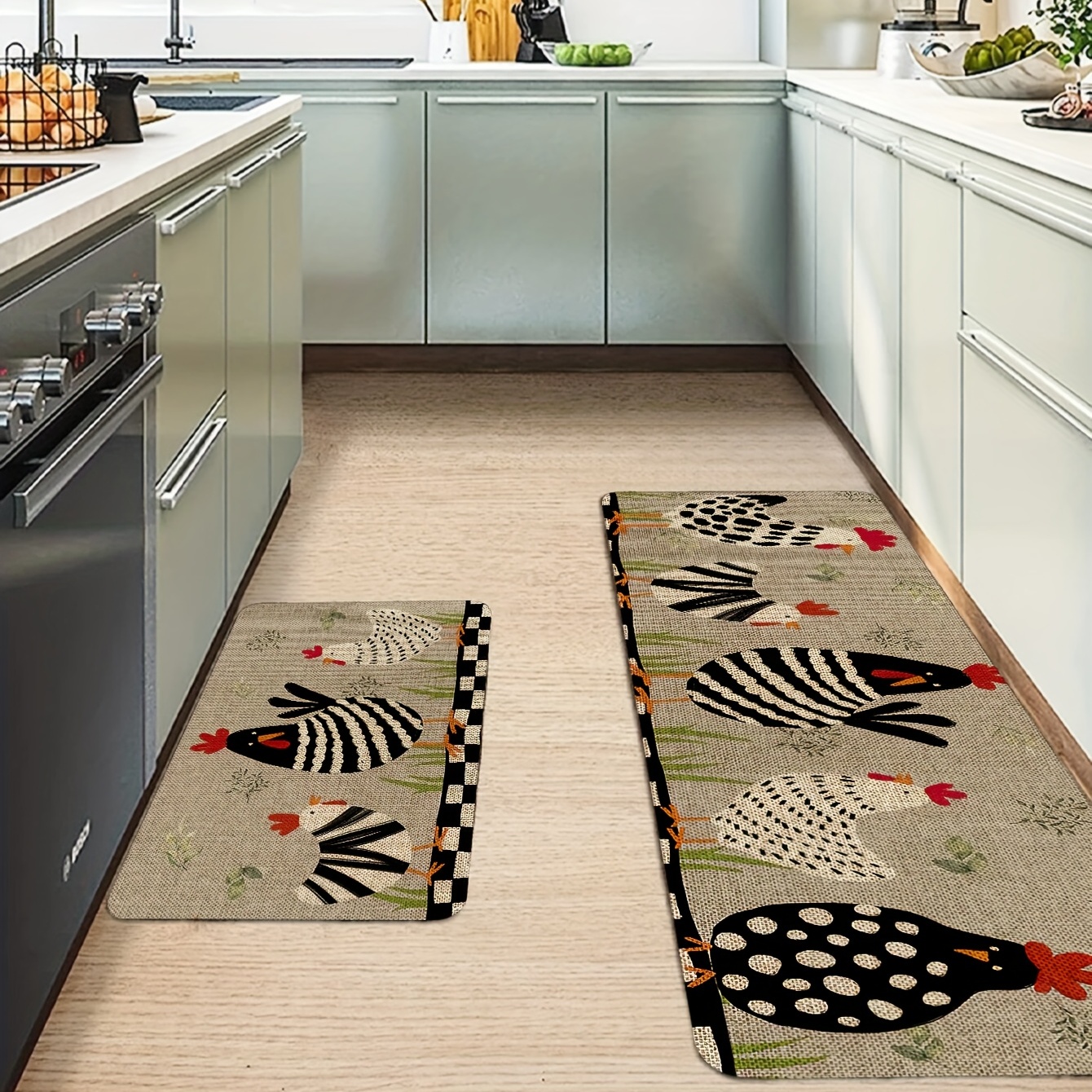 1pc Polyester Kitchen Rug, Modern Hen Pattern Kitchen Mat For Kitchen