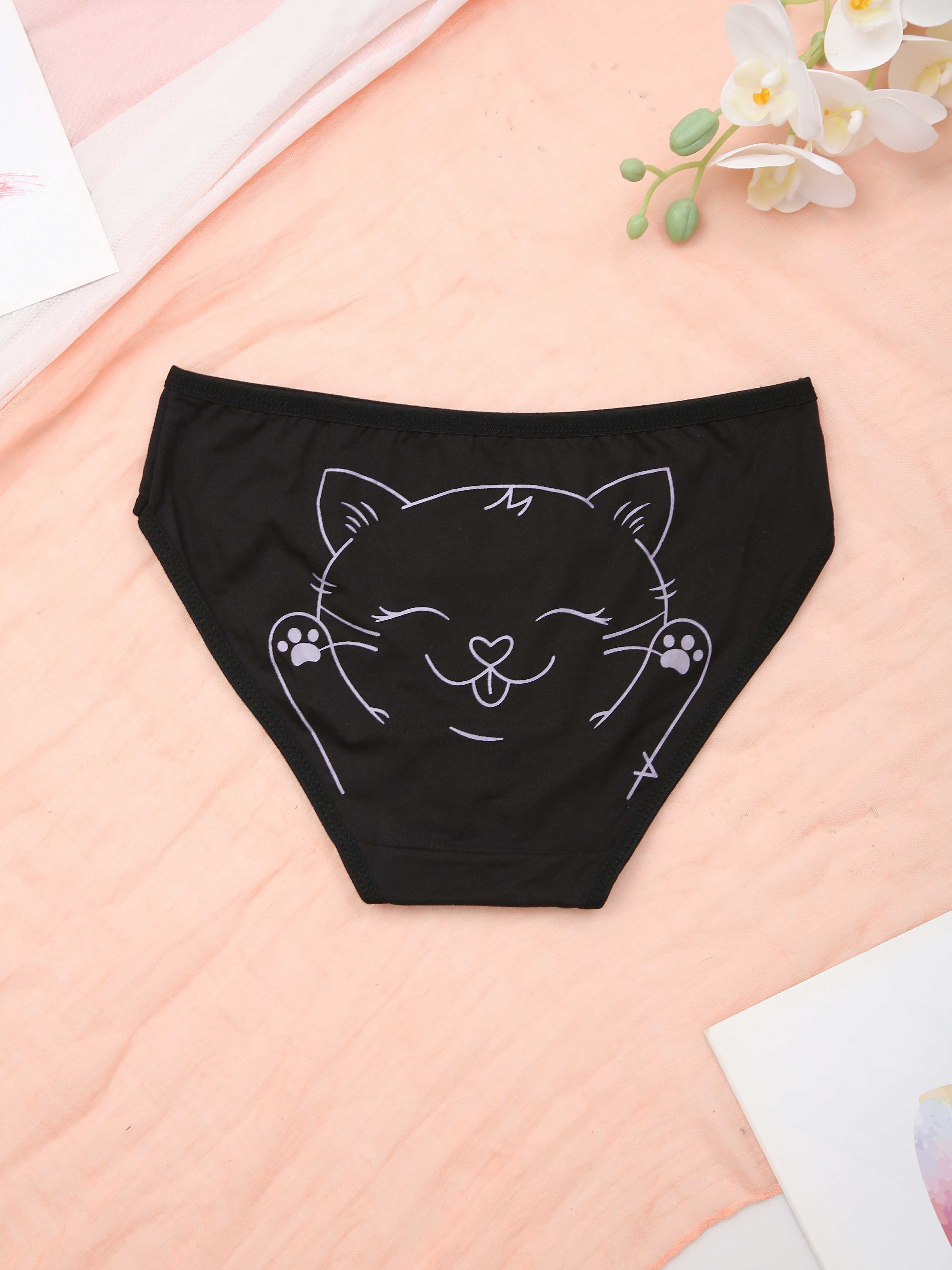 4pcs Cartoon Cat Print Briefs, Sweet & Cute High Waist Stretchy Panties,  Women's Lingerie & Underwear