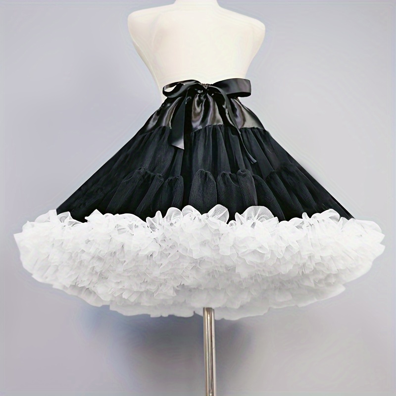 

Women's Punk Rock Style Petticoat, Black Soft Tulle Cloud Puff Skirt, No-bones Half Slip Underskirt, Cake Dress Tutu With Ribbon Waistband