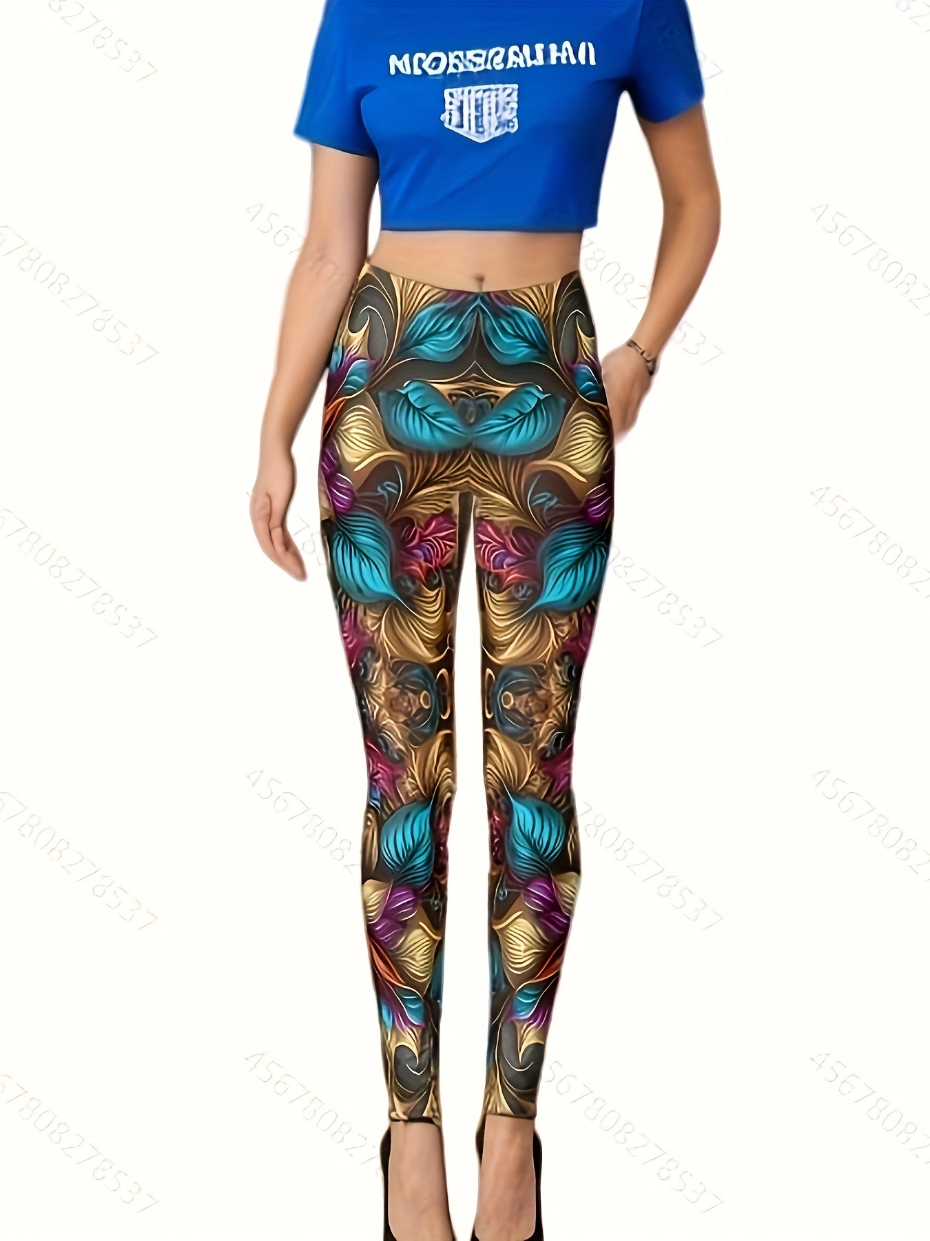 Plant Print Skinny Leggings Casual Elastic Waist Stretchy - Temu