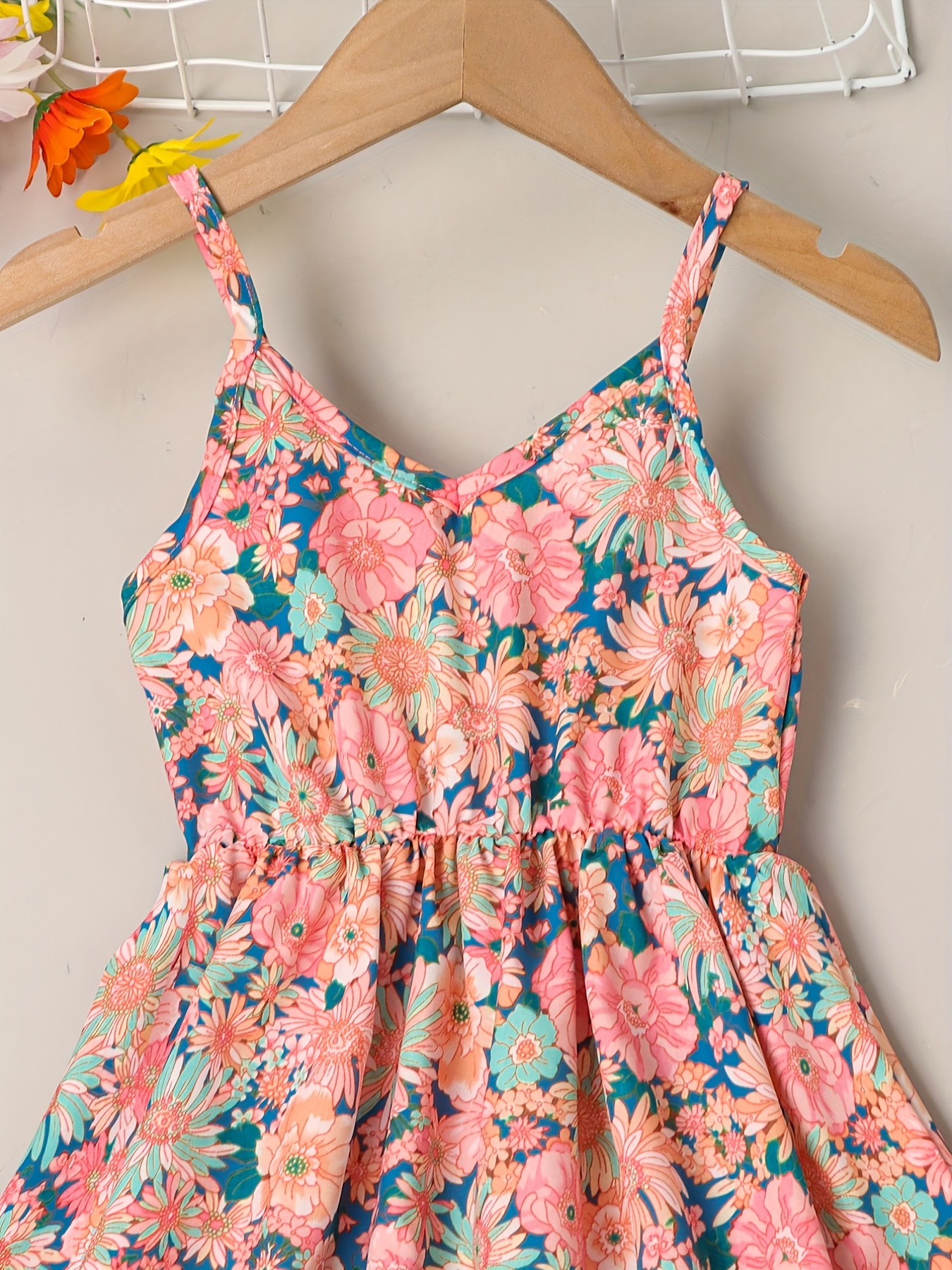little girls cute sundress floral pattern party beach dress v neck elastic waist camisole dress for summer details 12