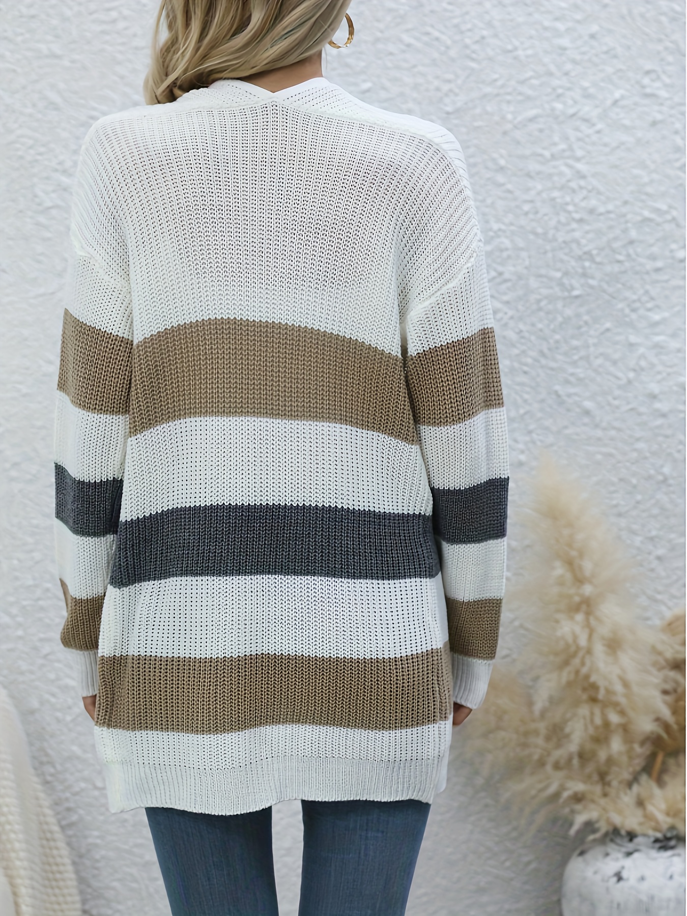 Color Block Open Front Knit Cardigan, Casual Long Sleeve Fashion Sweater,  Women's Clothing