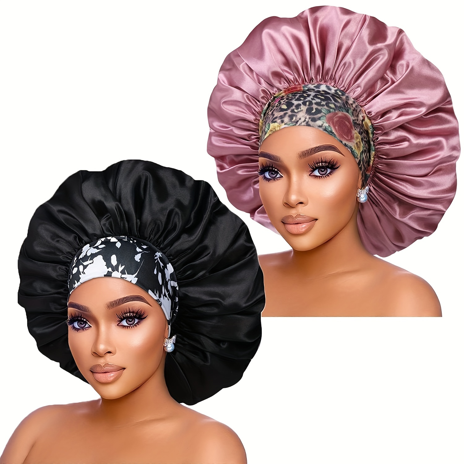

2pcs Satin Hair Bonnet For Women Elastic Wide Band Sleep Cap Silky Satin Cap For Braid Curly Natural Straight Hair (random Floral Print Position)