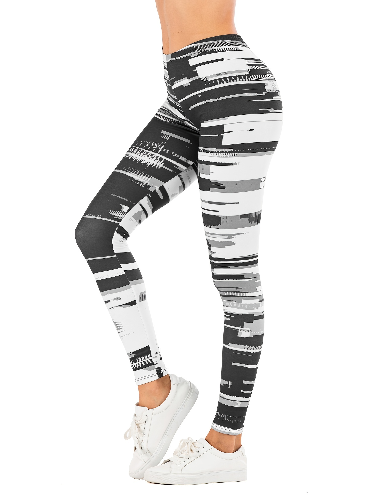 Womens Mid Rise Ankle Length Stretchy Leggings Black White Vertical Striped  Prin