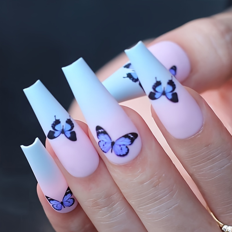 Long Press on Nails Navy Blue Coffin Fake Nails French Marble False Nails  with Glitter Designs Rhinestones Glue on Nails Matte Stick on Nails  Artificial Nails for Women 24Pcs Matte and Glossy